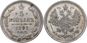 Russia 5 kopecks 1891 СПБ-АГ
0.88 g. UNC/UNC Mint luster. Bitkin# 151. Alexander III (1881-1894)