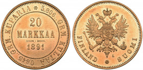 Russia - Grand Duchy of Finland 20 markkaa 1891 L
6.46 g. XF/AU Mint luster. Bitkin# 227 R. Rare! Alexander III (1881-1894)