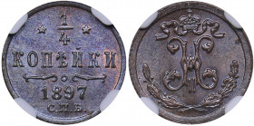 Russia 1/4 kopecks 1897 СПБ - NGC MS 65 BN
TOP POP. Mint luster. Bitkin# 296. Nicholas II (1894-1917)