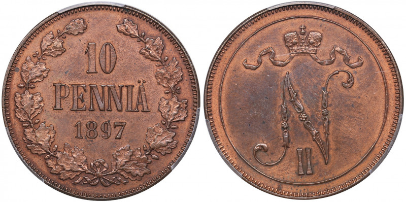 Russia - Grand Duchy of Finland 10 penniä 1897 - PCGS UNC Details
Rare condition...