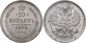 Russia 10 kopecks 1898 СПБ-АГ
1.80 g. UNC/UNC Mint luster. Rare condition. Bitkin# 148. Nicholas II (1894-1917)