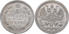 Russia 5 kopecks 1898 СПБ-АГ
0.83 g. AU/UNC Mint luster. Bitkin# 172. Nicholas II (1894-1917)