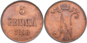 Russia - Grand Duchy of Finland 5 penniä 1898
6.48 g. UNC/UNC Mint luster. Rare condition. Bitkin# 443. Nicholas II (1894-1917)