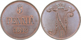 Russia - Grand Duchy of Finland 5 penniä 1898
6.33 g. UNC/UNC Mint luster. Rare condition. Bitkin# 443. Nicholas II (1894-1917)