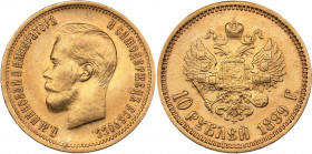 Russia 10 roubles 1899 ФЗ
8.61 g. VF+/XF Mint luster. Bitkin# 6. Nicholas II (1894-1917)
