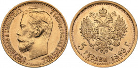 Russia 5 roubles 1899 ЭБ
4.30 g. AU/AU Mint luster. Bitkin# 23. Nicholas II (1894-1917)