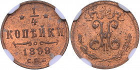 Russia 1/4 kopecks 1899 СПБ - NGC MS 63 RB
Mint luster. Rare condition. Bitkin# 310. Nicholas II (1894-1917)
