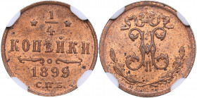 Russia 1/4 kopecks 1899 СПБ - NGC MS 64 RB
Mint luster. Rare condition. Bitkin# 310. Nicholas II (1894-1917)