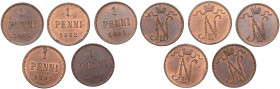 Russia - Grand Duchy of Finland 1 penni 1899, 1905, 1909, 1911, 1912 (5)
UNC/UNC Mint luster. Nicholas II (1894-1917)