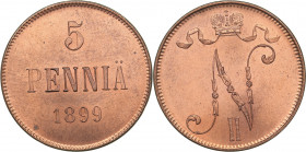 Russia - Grand Duchy of Finland 5 penniä 1899
6.40 g. UNC/UNC Mint luster. Rare condition. Bitkin# 444. Nicholas II (1894-1917)