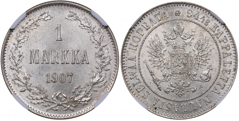 Russia - Grand Duchy of Finland 1 markkaa 1907 L - NGC MS 63
Mint luster! Bitkin...