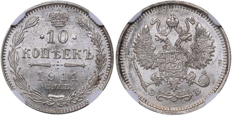 Russia 10 kopecks 1911 СПБ-ЭБ - NGC MS 66
Mint luster. Very rare condition. Bitk...