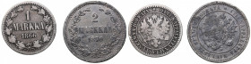 Russia - Grand Duchy of Finland 2 markkaa 1870, 1 markka 1866 (2)
F-VF