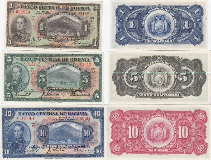 Bolivia 1, 5 & 10 bolivanos 1928
UNC Pick 118,120,121