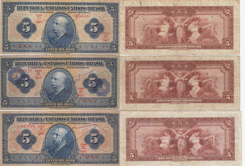 Brazil 5 mil reis 1925 (3 pcs)
F/VG Pick 29b,c