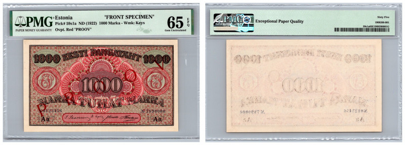 Estonia 1000 marka 1922 - PMG 65 EPQ - SPECIMEN (2)
Gem Uncirculated. Pick# 59s1...