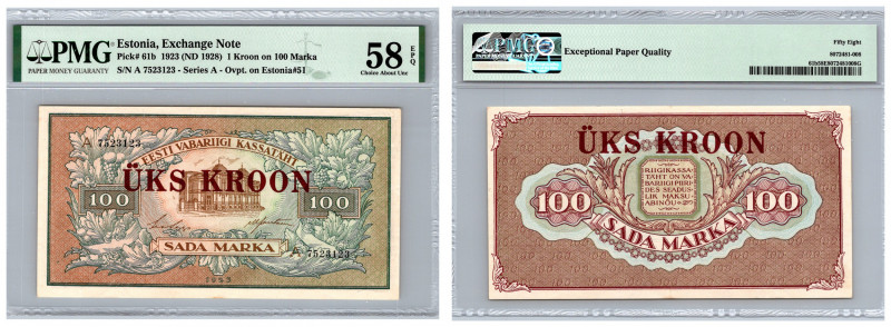 Estonia 1 kroon on 100 marka 1923 (1928) - PMG 58 EPQ
Choice About UNC. Pick# 61...