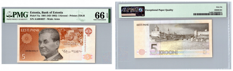 Estonia 5 krooni 1991 - PMG 66 EPQ
Gem Uncirculated. Pick# 71a.