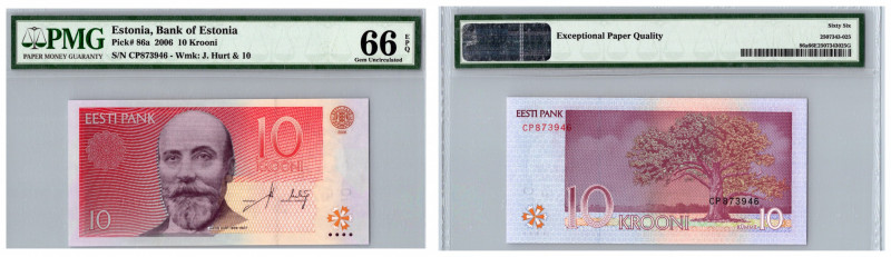 Estonia 10 krooni 2006 - PMG 66 EPQ
Gem Uncirculated. Pick# 86a.