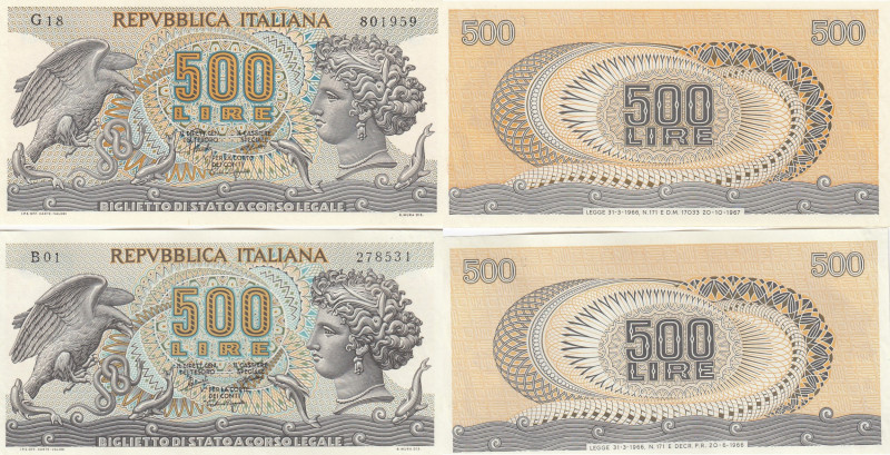 Italy 500 lire 1966 & 67 (2)
Pick# 93a. UNC