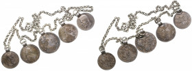 Russian jewelry made from coins
Rouble 1732, Rouble 176?, Rouble 1765, Rouble 1893, Rouble 1897. Before 1917. Very rare as a whole piece of jewelry.