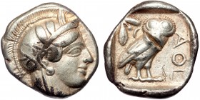 ATTICA. Athens. ( Silver. 17.05 gr. 25 mm) Tetradrachm (Circa 454-404 BC). AR
Helmeted head of Athena right, with frontal eye.
Rev: AΘE./ Owl standi...