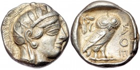 ATTICA. Athens. ( Tetradrachm (Circa 454-404 BC). AR ( Silver. 15.42 g. 23 mm)
Helmeted head of Athena right, with frontal eye.
Rev: AΘE./ Owl stand...