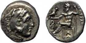 KINGS OF MACEDON.( Silver. 4.14 g. 17 mm) Alexander III 'the Great' (336-323 BC). Drachm. Lampsakos.
Head of Herakles right, wearing lion skin.
Rev: Α...