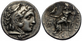 Kings of Macedon.( Silver. 4.05 g. 18 mm) Kolophon. Philip III Arrhidaeus 323-317 BC.
In the name and types of Alexander III
Head of Herakles rigth we...