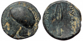 KINGS OF MACEDON. ( Bronze. 4.17 g. 17 mm) Kassander (316-297 BC). Ae. Uncertain Macedonian mint. 
Helmet left. 
Rev: BAΣIΛEΩΣ / KAΣΣANΔΡOΥ. Spear hea...
