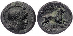 KINGS OF THRACE.( Bronze. 5.06 g. 20 mm) Lysimachos, 305-281 BC. AE. Lysimacheia. 
Head of Athena to right, wearing crested Attic helmet. 
Rev. ΒΑΣΙΛΕ...