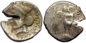 PONTOS.( Silver. 5.15 g. 20 mm) Amisos.circa 420-300 BC. Drachm AR
Head of Hera left,
Rev: Owl standing facing on shield, with wings spread