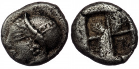 Ionia, Phokaia. ( Silver. 1.18 g. 9 mm) Obol (Circa 521-478 BC). 
Helmeted female/Athena head left, hair in sakkos, wearing rosette-earing.
Rev: Four-...