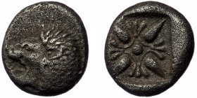 Ionia, Miletos ( Silver. 1.12 g, 10 mm) AR Obol. Circa 520-450 BC.
Forepart of roaring lion left, head reverted
Rev: Stellate pattern within incuse sq...