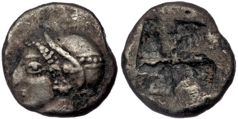 Ionia, Phokaia. ( Silver. 0.96 g. 10 mm) Obol (Circa 521-478 BC). 
Helmeted fema...