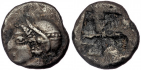 Ionia, Phokaia. ( Silver. 0.96 g. 10 mm) Obol (Circa 521-478 BC). 
Helmeted female/Athena head left, hair in sakkos, wearing rosette-earing.
Rev: Four...