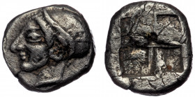 Ionia, Phokaia. ( Silver. 1.04 g. 10 mm) Obol (Circa 521-478 BC). 
Helmeted female/Athena head left, hair in sakkos, wearing rosette-earing.
Rev: Four...