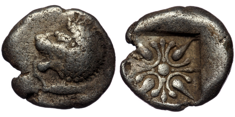 Ionia, Miletos ( Silver. 1.11 g. 12 mm) AR Obol. Circa 520-450 BC.
Forepart of r...