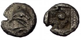 Ionia,( Silver. 0.20 g. 7 mm). Teos AR Tetartemorion. Circa 540-500 BC. 
Head of griffin to left
Rev: Quadripartite incuse square with central pellet....