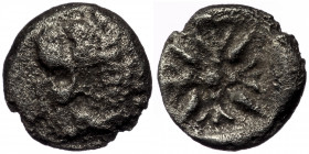 Ionia, ( Silver. 0.71 g. 9 mm) Miletos AR Obol. Circa 520-450 BC.
Forepart of roaring lion left, head reverted
Rev: Stellate pattern within incuse squ...