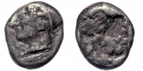 IONIA, Phokaia. ( silver. 1,28 gr, 9 mm) (ca. 521-478 BC)
Archaic female head left, wearing helmet or close fitting cap.
Rev: Incuse square.
SNG Kayha...