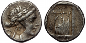 LYCIA, Olympos. ( Silver. 2.65 g. 14 mm) 2.-1. Century BC. Pseudo Lycian League coinage. AR Drachm.
Laureate head of Apollo
Rev: Lyre with palm branch...