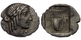 Lykian League, Kragos ( Silver. 1.42 g. 16 mm) AR Hemidrachm. Circa 35-30 BC. 
Head of Apollo right, wearing taenia
Rev: Kithara of four strings, abov...