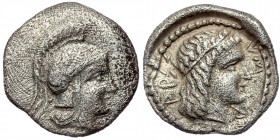 LYCIA. Dynast of Xanthos ( Silver.0.87 g. 12 mm) Obol circa 410- 400 B.C.
Head of Athena right in crested helmet, border of dots
Rev: Head of Apollo r...