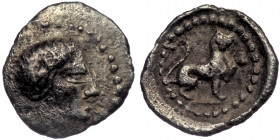 LYCIA, Tlos ?. ( Silver. 0.28 g. 9 mm). Circa 400-390 BC. AR Hemiobol
Head of female right. 
Rev: Lion seated left, raising left paw. 
Possibily Unpub...