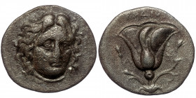 ISLANDS off CARIA Rhodos. ( Silver. 6.07 g. 22 mm) Circa 316-305 BC. AR Didrachm. POΔIΩN Magistrate
Chian standard. 
Bare head of Helios facing slight...