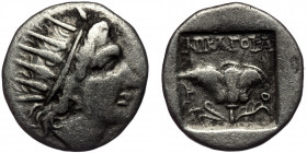 ISLANDS off CARIA, ( Silver. 1.85 g. 14 mm) Rhodos Ca. 88-84 BC. AR drachm 
Plinthophoric standard, Nicagoras, magistrate. Radiate head of Helios righ...