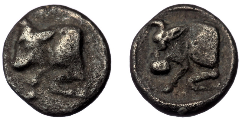 CARIA. Uncertain. ( Silver. 0.20 g. 7 mm) Hemiobol (Circa 420-390 BC).
Forepart ...