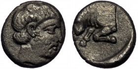 SATRAPS OF CARIA.( Silver. 1.25 g. 11 mm) Hekatomnos (Circa 395-353 BC). Diobol. Mylasa.
 Bearded head of Hekatomnos right.
Rev: Forepart of bull left...