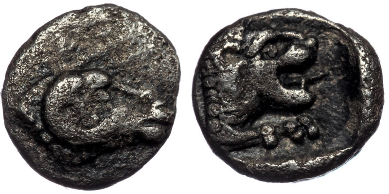 CARIA. Uncertain ( Silver. 0.25 g. 7 mm) Tetartemorion (4th century BC).
 Ram's ...